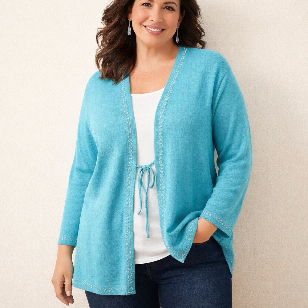August Max Woman 3X Turquoise Blue Beaded Trim Tie Front Cardigan Sweater Plus - Picture 2 of 16